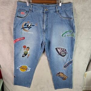 Vintage UNK NBA All Over Team Logo Embroidered Denim Jeans Blue Mens 40 Distress